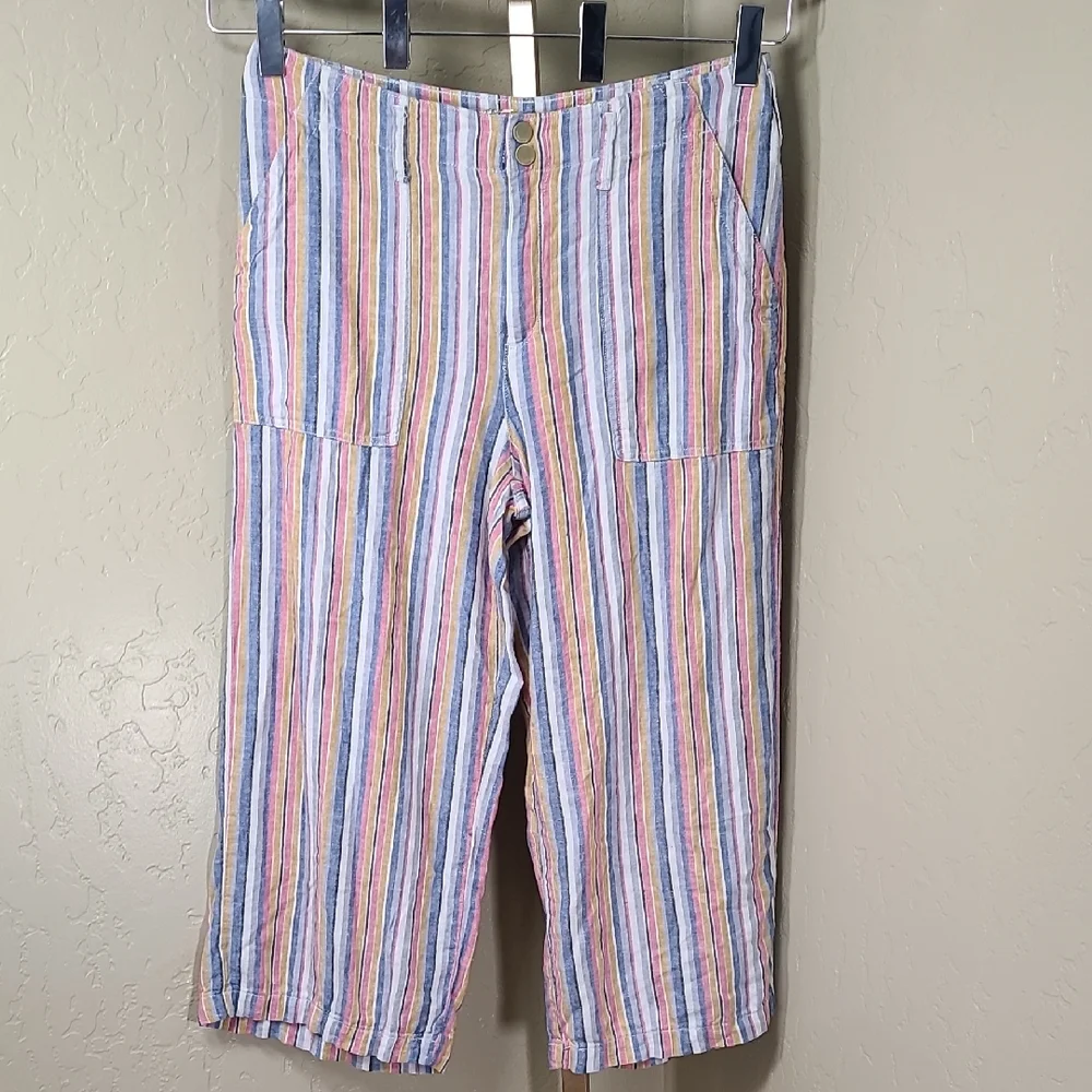 Seven7 Multicolor Striped Wide Leg Palazzo Cropped Linen Blend Pants Size 10 - Picture 1 of 13